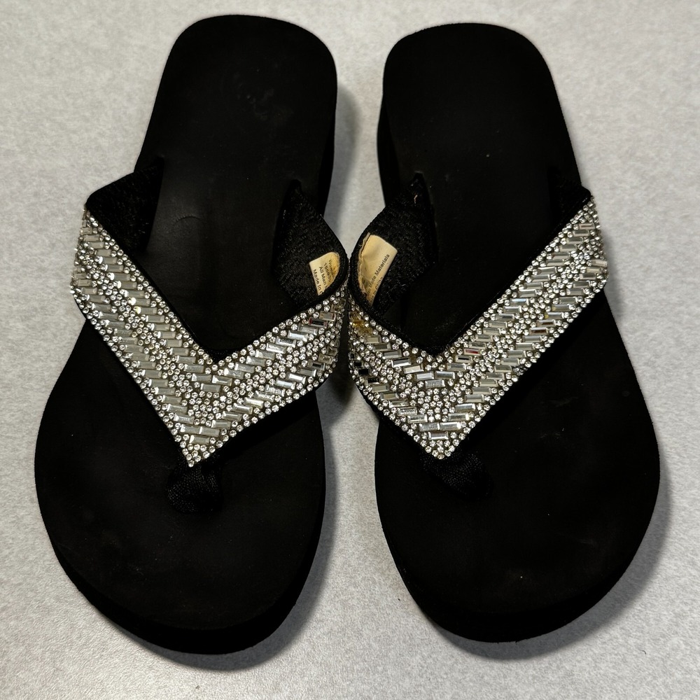 Academy Womens Black Platform Wedge‎ Flip Flop Thongs with Rhinestone Jewels 7